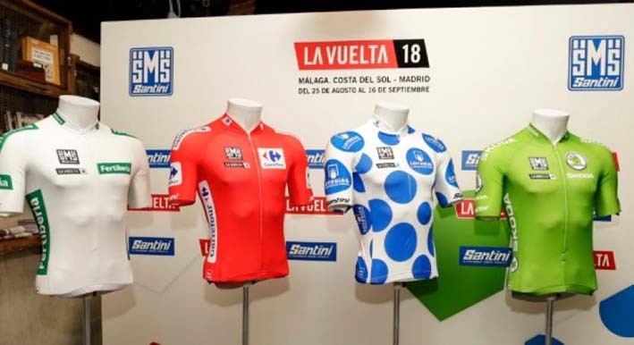 Cuatro maillots diseñados por Santini para los diferentes líderes de la carrera.