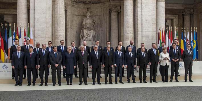 Los jefes de Estado y de Gobierno de los 27 países de la Unión Europea (UE), sin Reino Unido, que conmemoraron en la capital italiana el 60 aniversario de los Tratados de Roma.