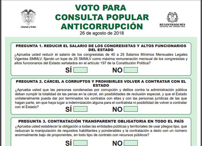 El Senado de Colombia avaló a comienzos de este mes con 84 votos a favor y ninguno en contra la celebración de la consulta anticorrupción.