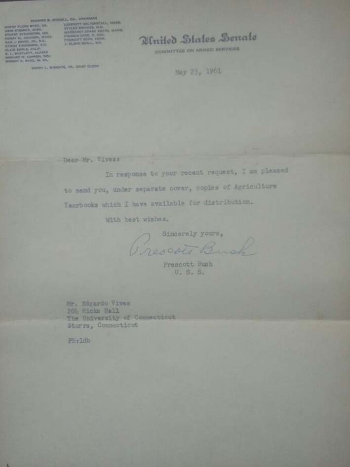 Carta del senador estadounidense Prescott Sheldon Bush, dirigida al entonces estudiante Edgardo Vives Campo.