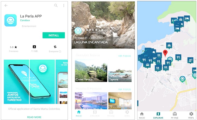 Así es la vista de la plataforma desde la PlayStore de un teléfono Android, Este es el inicio de la plataforma en donde se encuentran los 'Tesoros' y 'Experiencias', Esta es la pestaña de 'Explorar' en donde se muestran en tiempo real los lugares turisticos o establecimientos que estan en "La Perla".