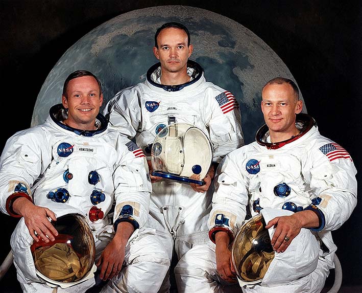 Los astronautas estadounidenses Neil Armstrong y Michael Collins y Edwin Aldrin , tripulantes del cohete que los transportó hacia la Luna, un viaje del que el próximo 20 de julio se cumple el 50 aniversario.  Foto: Nasa