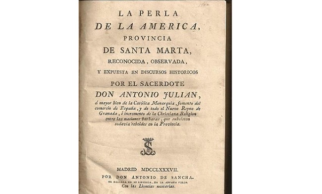 Portada del libro La Perla de la América de Antonio Julián, 1787.