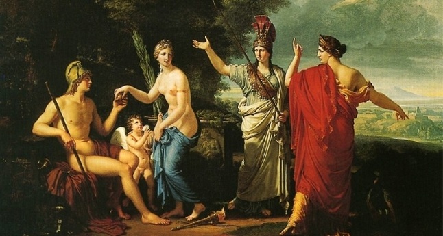 Afrodita a medio vestir toma de manos de Paris la Manzana de la Discordia en un cuadro de François Xavier Fabre.