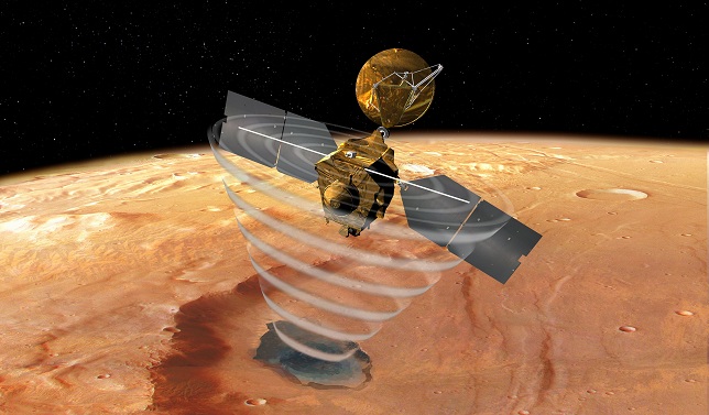 La nave Mars Reconnaissance Orbiter (MRO) usando su radar Sharad (crédito: NASA/JPL-Caltech)