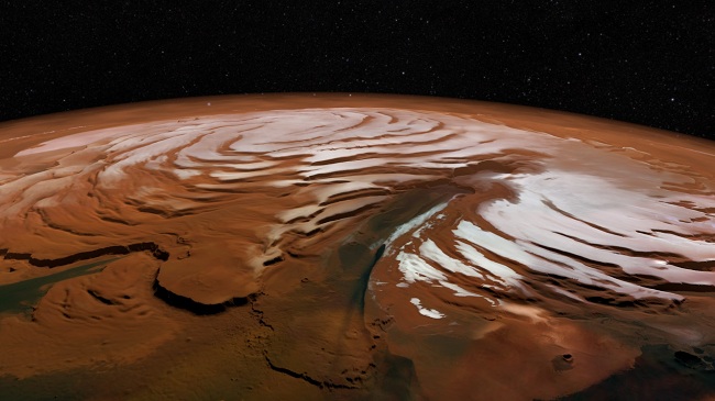 Una vista de Marte que muestra el casquete polar del norte del planeta.