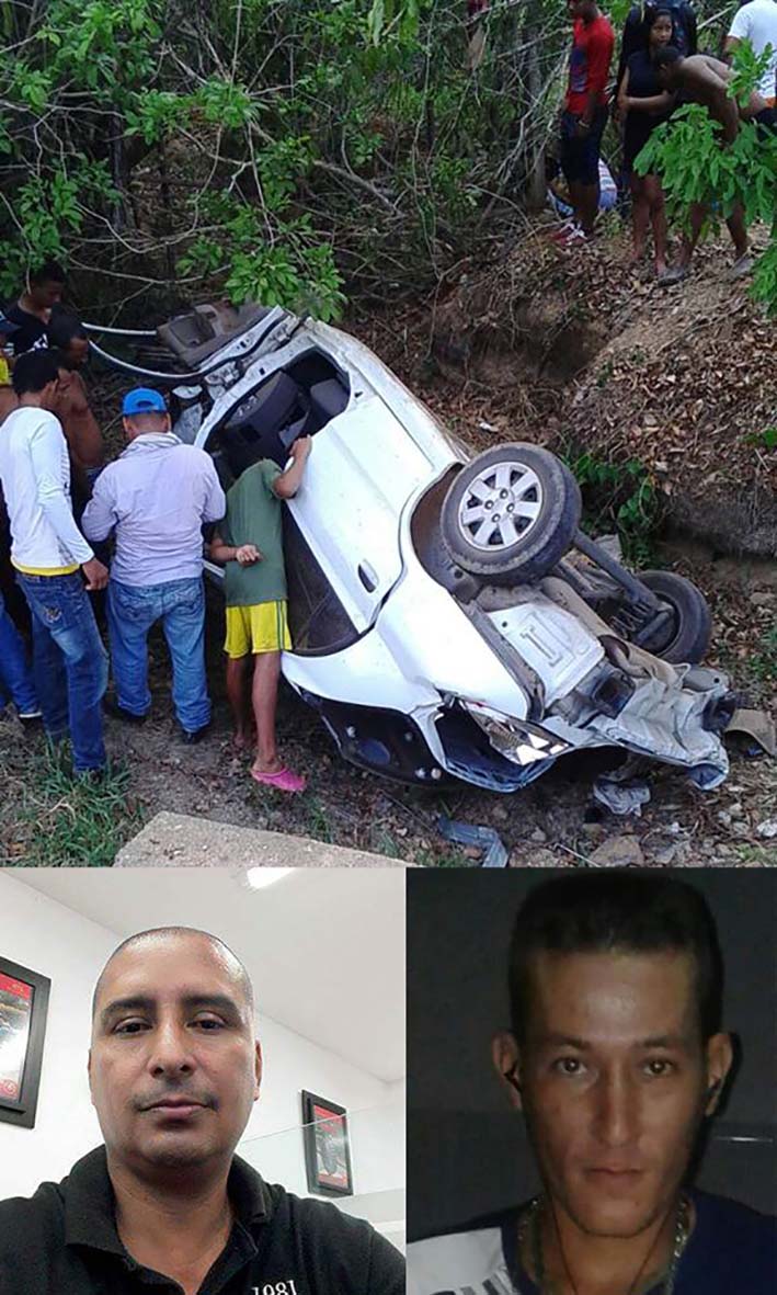 El vehículo volcado. Las víctimas Francisco Angarita Hernández y Yamith Serrano Gélvez.