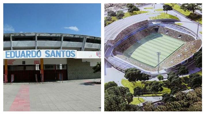 El estadio Eduardo Santos y la maqueta de cómo va a quedar cuando se construya.