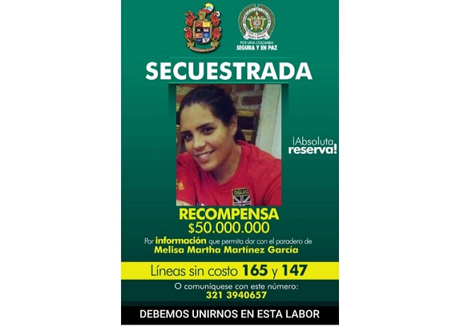 Este afiche, en el que aparece la figura de Melissa Martínez García y se anuncia el pago de la recompensa de 50 millones de pesos, circula por los distintos sectores de la región Caribe.
