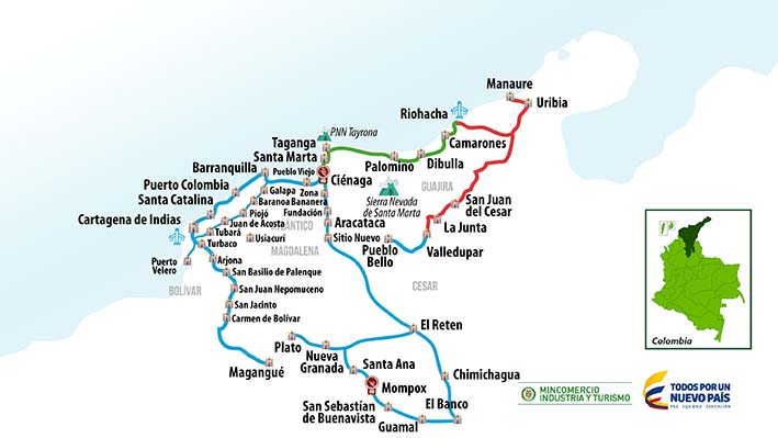 Las rutas turísticas establecidas para la región Caribe.