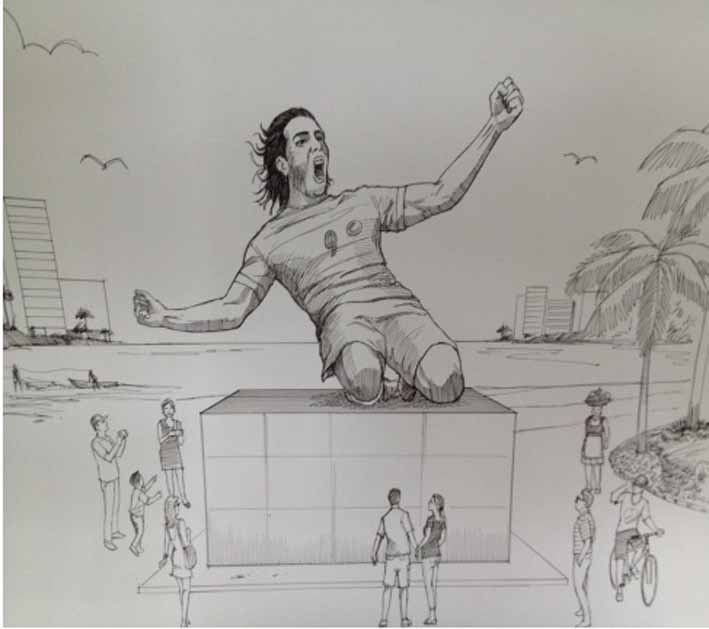 Este es el boceto del artista Ariza de lo que sería la escultura del jugador Radamel Falcao, el cual ha pensado que sea ubicado en el nuevo estadio de futbol Sierra Nevada.