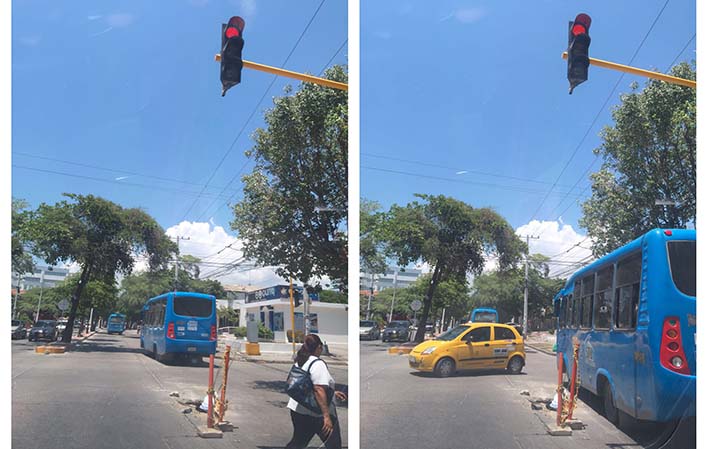 En las dos imágenes se puede apreciar cómo sin importar la vida de los pasajeros estos dos conductores de buses se pasan el semáforo en rojo. #NoHayDerecho.