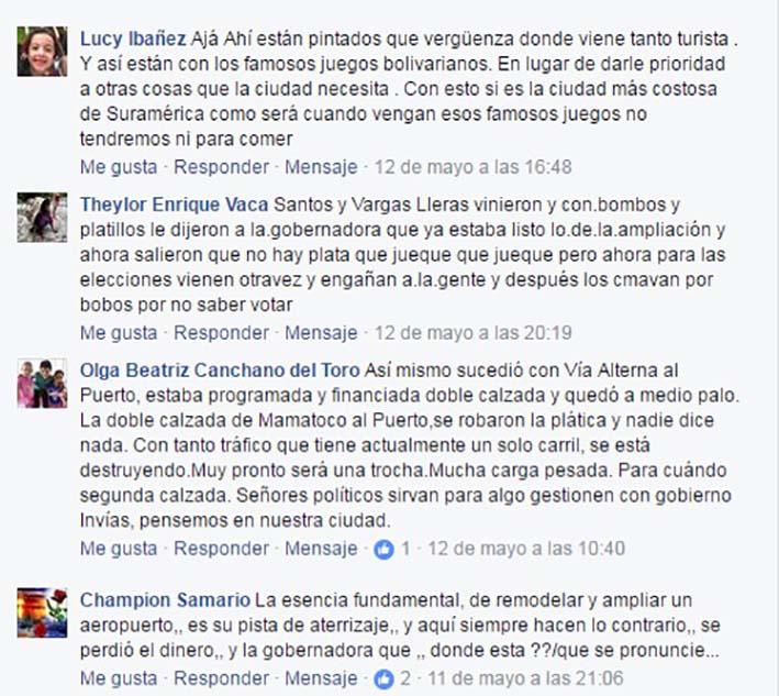 Opiniones de los seguidores de Facebook sobre las noticias publicadas acerca del aeropuerto Simón Bolívar.