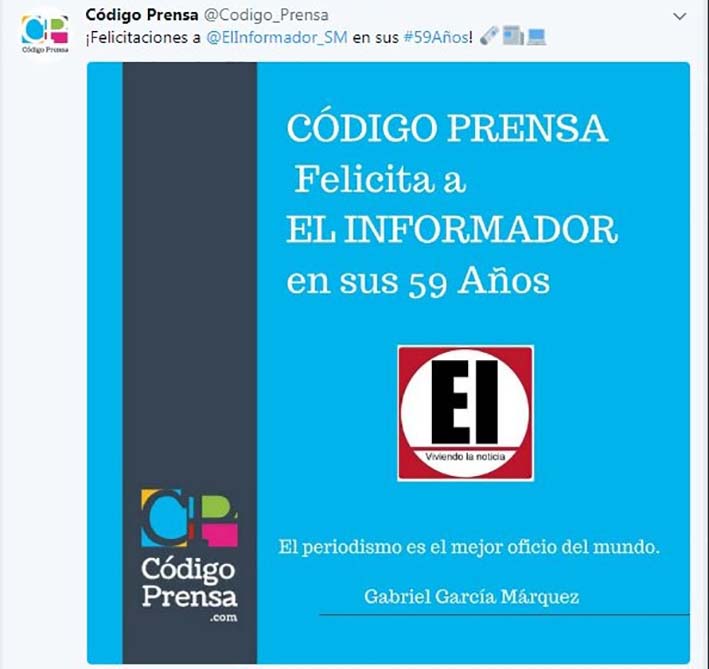 La web Código Prensa nos hizo llegar sus felicitaciones a través de nuestra cuenta de twitter @ElInformador_SM