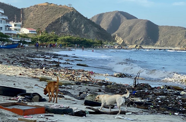 Esta mañana la playa Los Cocos amaneció con un nivel de oleaje más alto de lo normal. El mar ha sacado gran cantidad de basura hacia la orilla.