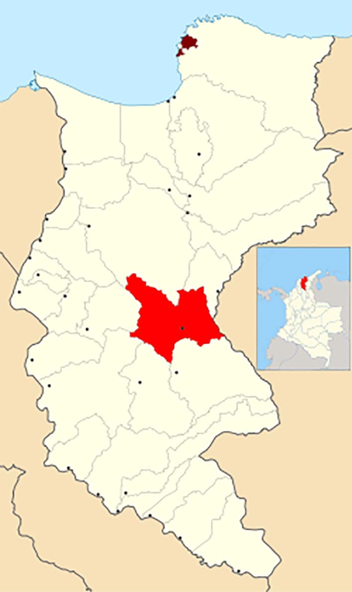 Municipio de San Ángel coloreado en rojo en el mapa del departamento