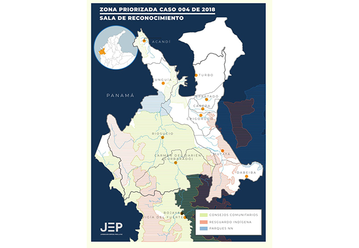 La Sala de Reconocimiento de la JEP priorizó los municipios de Turbo, Apartadó, Carepa, Chigorodó, Mutatá y Dabeiba, en el departamento de Antioquia; y El Carmen del Darién, Riosucio, Unguía y Acandí, en el departamento de Chocó.
