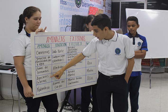 Momentos en que estudiantes del Colegio Liceo Samario exponían sobre amenazas extremas. 