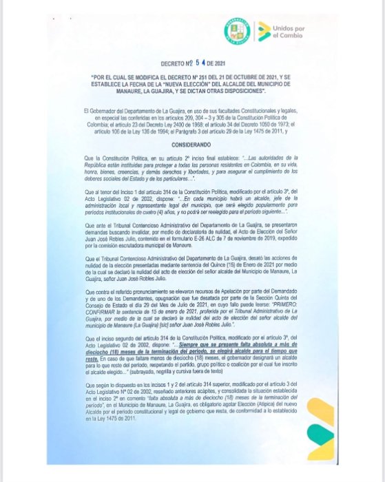 Decreto No. 251 del 21 de octubre de 2021, emitido por la Gobernación de La Guajira.