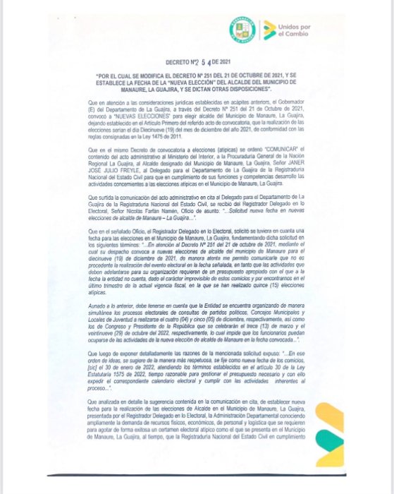 Decreto No. 251 del 21 de octubre de 2021, emitido por la Gobernación de La Guajira.