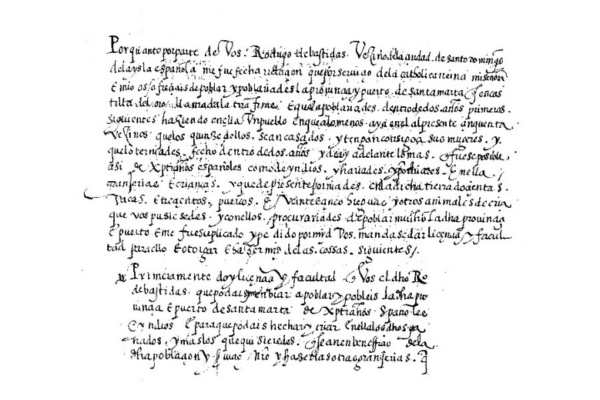 Facsímil del acta de fundación de la villa de Santa Marta, donde se consigna los actos ceremoniosos realizados por D. Rodrigo de Bastidas y sus acompañantes, el 29 de julio de 1525.