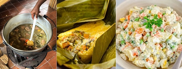 Tres deliciosas comidas para compartir en la cena de Año Nuevo: el sancocho, el pastel o la ensalada fría.