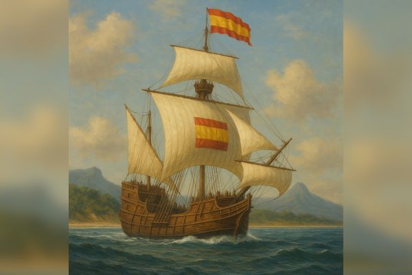 Así debería lucir La Santiago, nave capitana en la que arribó Rodrigo de Bastidas a las costas del nuevo para posteriormente fundar Santa Marta. Imagen recreada con IA. 