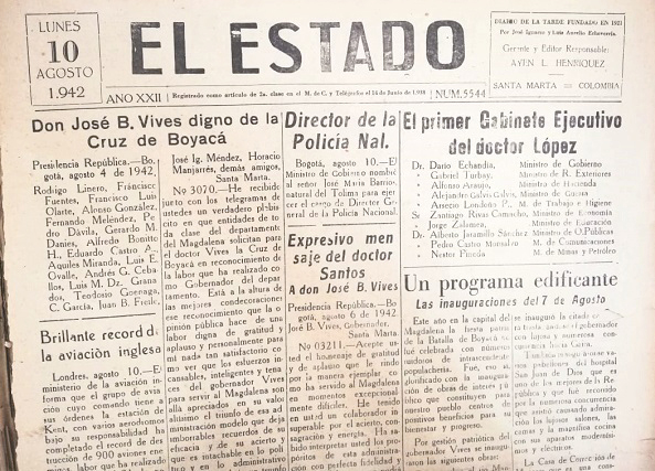 “Don José B. Vives digno de la Cruz de Boyacá”, carta dirigida desde Presidencia de la República a quienes solicitaban este reconocimiento para el entonces gobernador, publicada el 10 de agosto de 1942 por el periódico El Estado. 