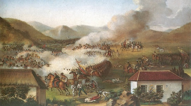 José María Espinosa. Batalla de Boyacá, ca. 1840. Óleo sobre tela 94 x 120 cm., Museo Quinta de Bolívar, Bogotá, Reg. 03-018. Fuente: González, José María Espinosa: Abanderado, p. 185
