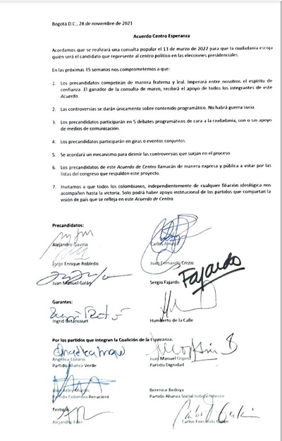 Facsímil del acuerdo firmado por cada uno de los precandidatos presidenciales y participantes  de dicha coalición.