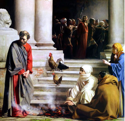 Una criada señaló a Pedro y dijo a los que estaban reunidos, “también este estaba con Jesús de Nazaret”. Esta vez Pedro negó con juramento que no conocía a Jesús, enfatizando su primera negación de las tres que le aseguró Cristo que haría antes de que cantara el gallo.
