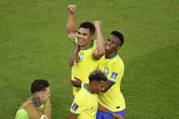 Casemiro celebra su gol en el partido que le dio el triunfo a Brasil ante Suiza en el estadio 974 en Doha.