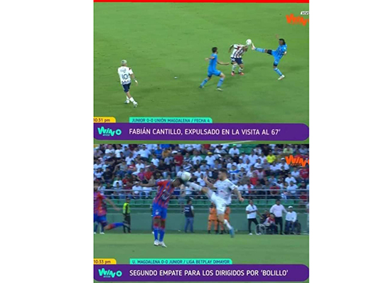 Aquí se puede ver dos jugadas idénticas en donde una fue roja favoreciendo al Junior y la otra simplemente fue ignorada.