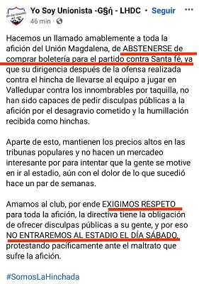 Publicación del grupo de hinchas: Yo Soy Unionista GSN