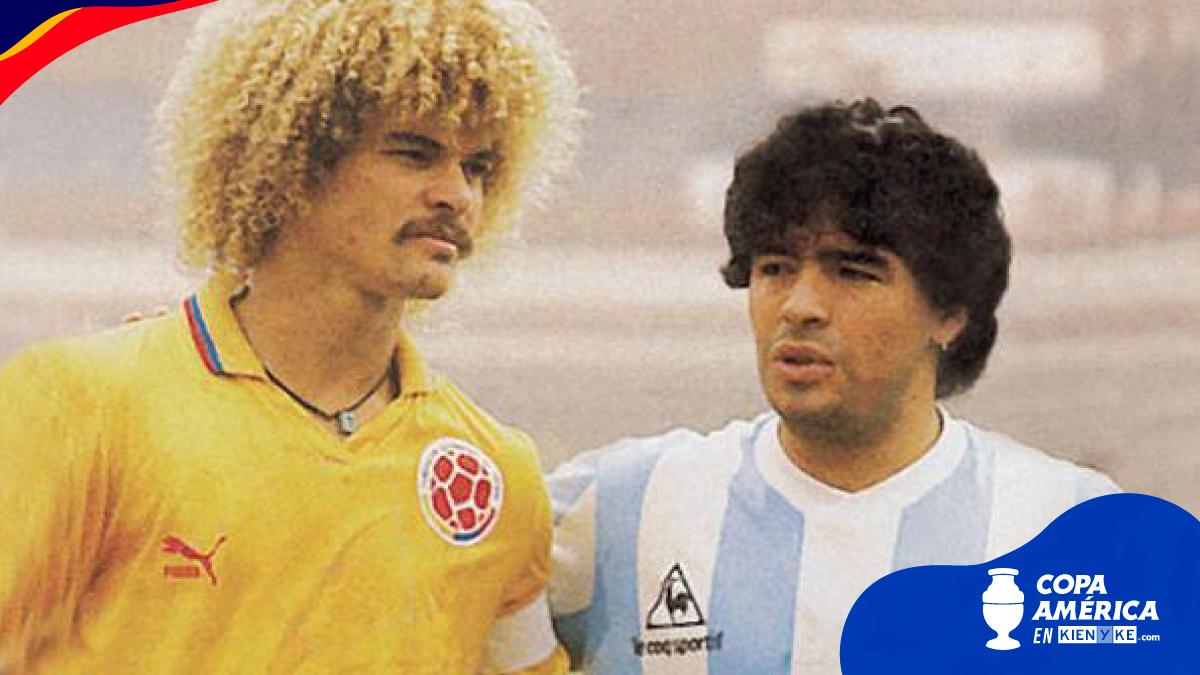 En la imagen se encuentran Carlos Alberto Valderrama y Diego Armando Maradona (q. e. p. d.), antes de disputar el partido por el tercer puesto que consagró a la Selección con el bronce en la Copa América de 1985.