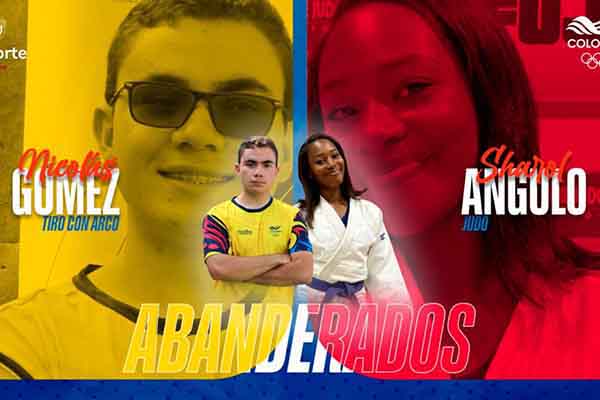 Sharol Angulo, judoca; Nicolás Gómez, Arquero; colombianos abanderados por el Comité Olímpico. Foto Comité Olímpico Colombiano