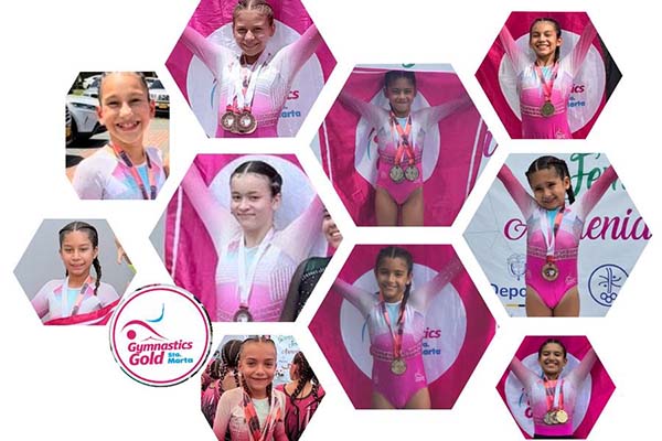 Grupo completo de niñas gimnastas, campeonas del nacional. Foto cortesía Gymnastics Gold