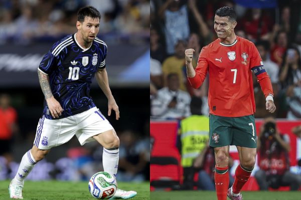 Lionel Andrés Messi Cuccittini, capitán y máximo referente de la selección Argentina y Cristiano Ronaldo Dos Santos Aveiro, figura de Portugal y máximo goleador de la historia del fútbol. Fotos EFE