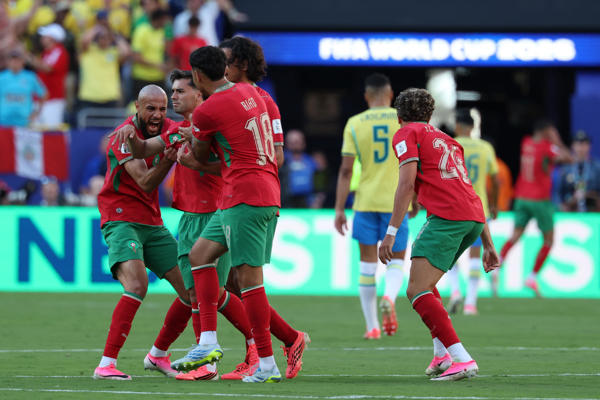 Jugadores de Marruecos celebran un gol este sábado, durante un partido del grupo C del Mundial de la FIFA 2026 entre Brasil y Marruecos en el estadio MetLife en Nueva Jersey (Estados Unidos). EFE/ Sebastiao Moreira