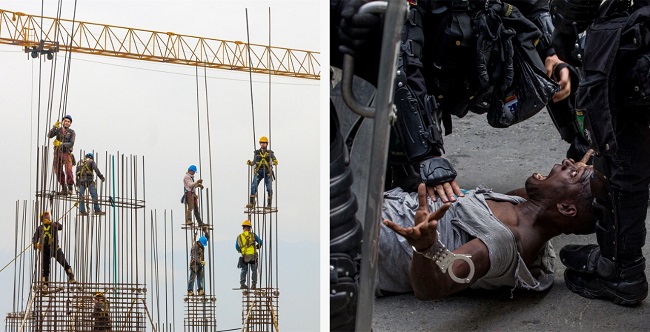 De izquierda a derecha está la foto de Liliana Ochoa, que es la imagen ganadora en la que muestra el seguimiento realizado a un edificio que construían en Medellín. La otra foto fue tomada por Santiago Mesa, en la que muestra un vendedor ambulante detenido por la policía antimotines.