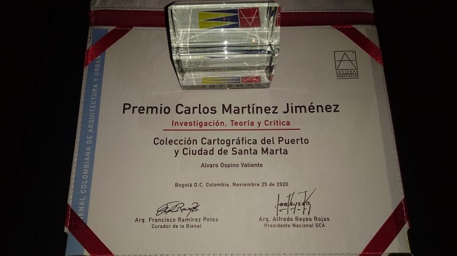Premio “Carlos Martínez Jiménez” obtenido gracias al trabajo titulado Colección cartográfica del puerto y ciudad de Santa Marta.