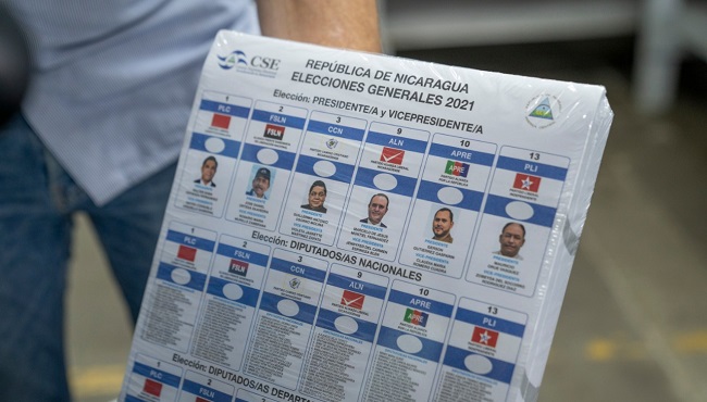 Boleta electoral oficial para las Elecciones Generales 2021 de Nicaragua. Son seis los partidos políticos que participarán en los comicios de este 7 de noviembre para elegir al mandatario que gobernará durante el período 2022-2027, el cual ganará por mayoría de votos.