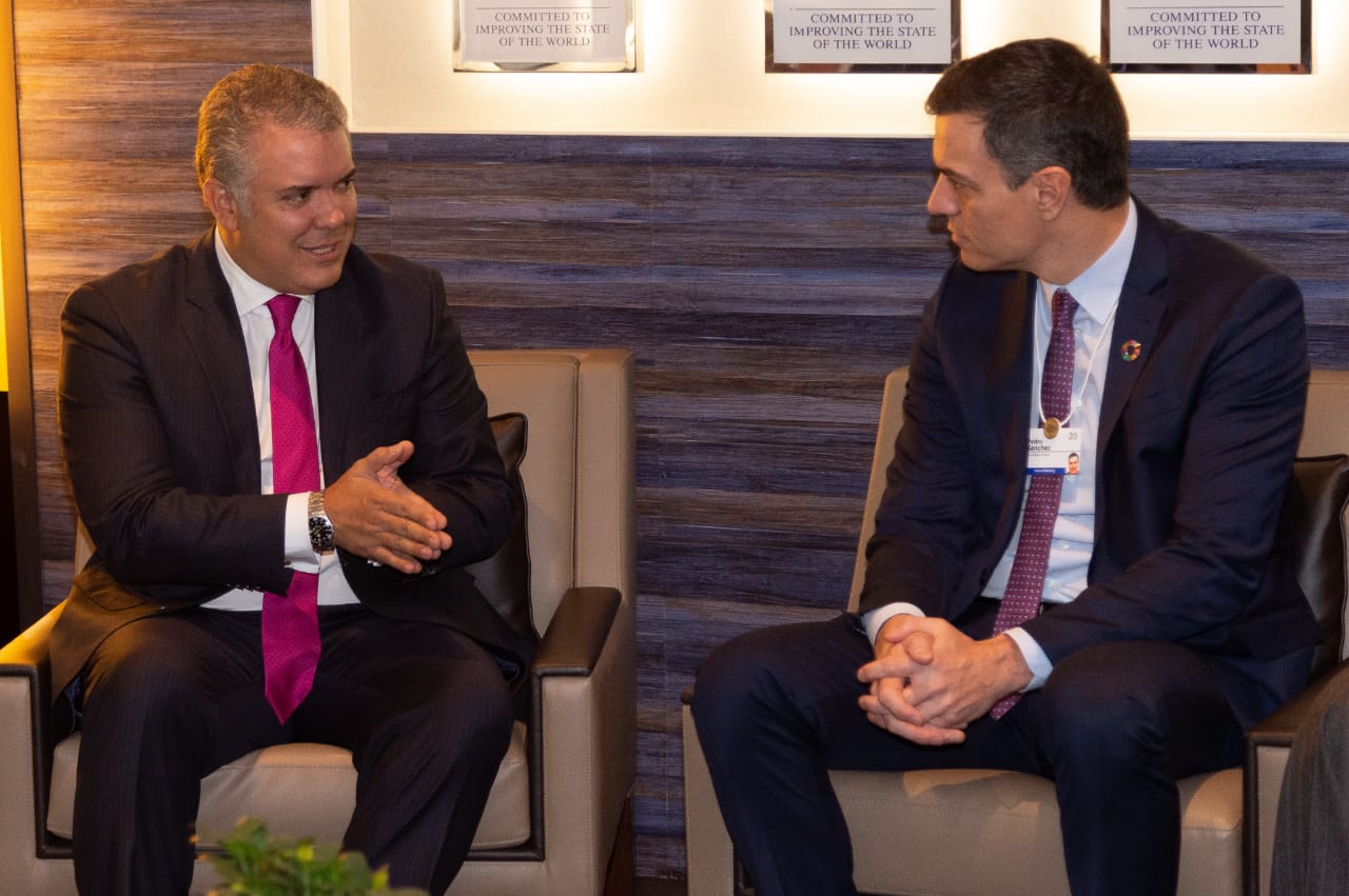 Reunión bilateral del Presidente Iván Duque con el Presidente del Gobierno español, Pedro Sánchez, en la ciudad suiza de Davos, donde se realiza la reunión anual del Foro Económico Mundial.