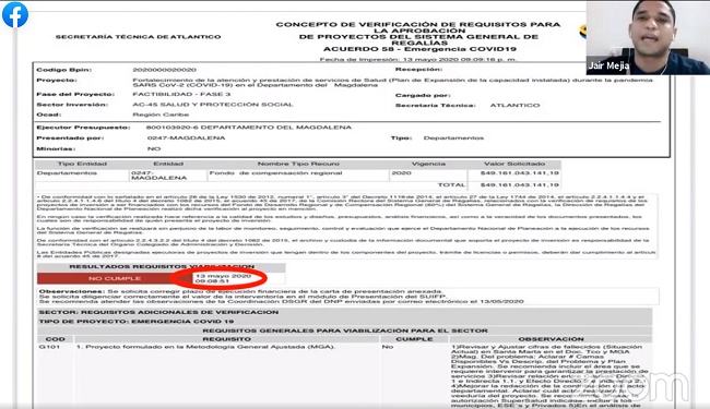 Durante la intervención del diputado Jair Mejía en la sesión de la Asamblea del Magdalena del 30 de marzo en la cual se refirió a la antigua clínica Saludcoop, mostró el documento presentado ante el Sistema General de Regalías. Ver video en www.elinformador.com.co 