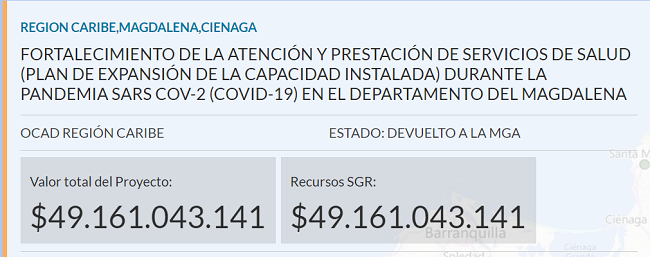 Así aparece registrado el proyecto presentado por la Gobernación del Magdalena ante el Sistema General de Regalías  que fue devuelto para correcciones en mayo de 2020. 