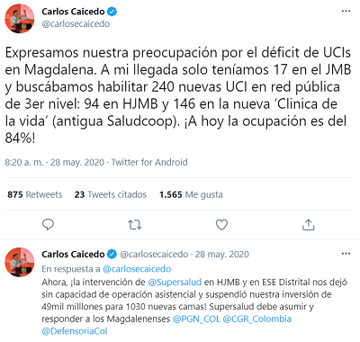 Trino del gobernador Carlos Caicedo el 28 de mayo de 2020. 