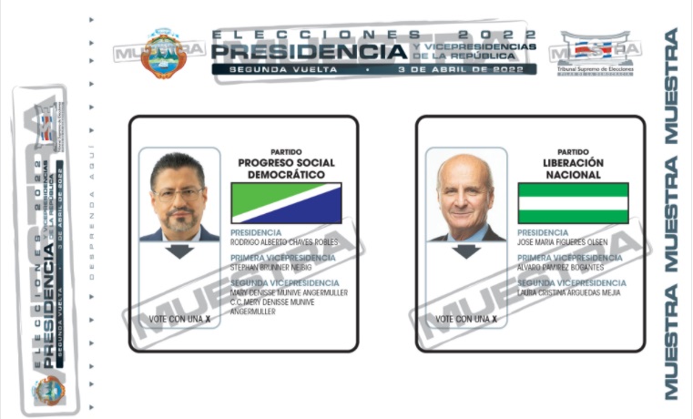 Papeleta de muestra para la segunda vuelta presidencial de Costa Rica. (Foto tomada del Tribunal Supremo de Elecciones).