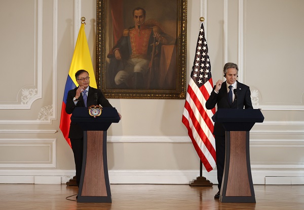 El presidente de Colombia Gustavo Petro participó en una rueda de prensa junto al secretario de Estado de Estados Unidos, Antony Blinken, en la Casa de Nariño.
