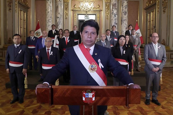 El presidente de Perú, Pedro Castillo, quien es investigado por la fiscalía como presunto líder de una red de corrupción.