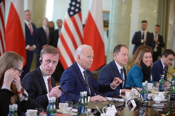 El presidente estadounidense Joe Biden durante su reunión con el presidente polaco Andrzej Duda en el Palacio Presidencial en Varsovia, Polonia.